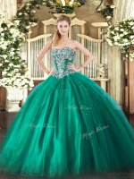 Dazzling Turquoise Ball Gowns Tulle Strapless Sleeveless Beading Floor Length Lace Up Quinceanera Dress