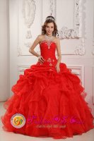 Englewood Colorado/CO Custom Made Strapless Red Appliques and Ruched Bodice Ruffles Organza Quinceanera Dress