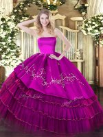 Cute Fuchsia Ball Gowns Organza and Taffeta Strapless Sleeveless Embroidery and Ruffled Layers Floor Length Zipper 15 Quinceanera Dress