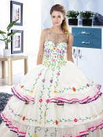 Shining White Scoop Neckline Beading and Embroidery and Ruffled Layers Quinceanera Gowns Sleeveless Lace Up