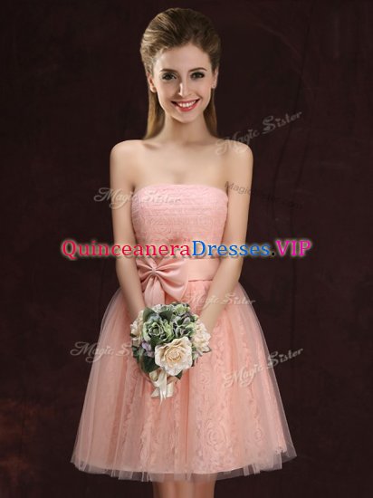 Elegant Peach Sleeveless Mini Length Lace and Bowknot Lace Up Quinceanera Dama Dress - Click Image to Close
