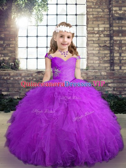 Purple Lace Up Straps Beading and Ruffles Little Girl Pageant Gowns Tulle Sleeveless - Click Image to Close