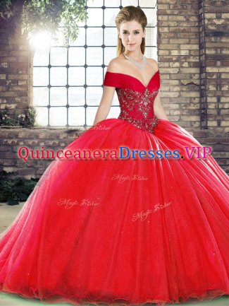 Organza Off The Shoulder Sleeveless Brush Train Lace Up Beading 15th Birthday Dress in Red