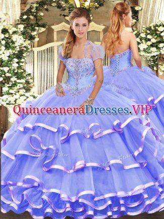 Perfect Organza Strapless Sleeveless Lace Up Appliques and Ruffled Layers Quince Ball Gowns in Lavender