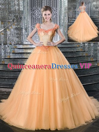Straps Sleeveless Tulle With Brush Train Lace Up Sweet 16 Quinceanera Dress in Orange with Beading and Appliques