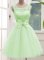Modern Yellow Green Sleeveless Knee Length Lace and Bowknot Lace Up Dama Dress for Quinceanera
