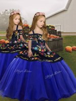 Royal Blue Organza Lace Up Spaghetti Straps Sleeveless Floor Length Little Girls Pageant Gowns Embroidery and Ruffles