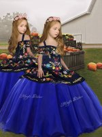 Royal Blue Organza Lace Up Spaghetti Straps Sleeveless Floor Length Little Girls Pageant Gowns Embroidery and Ruffles(SKU PAG1282BIZ)