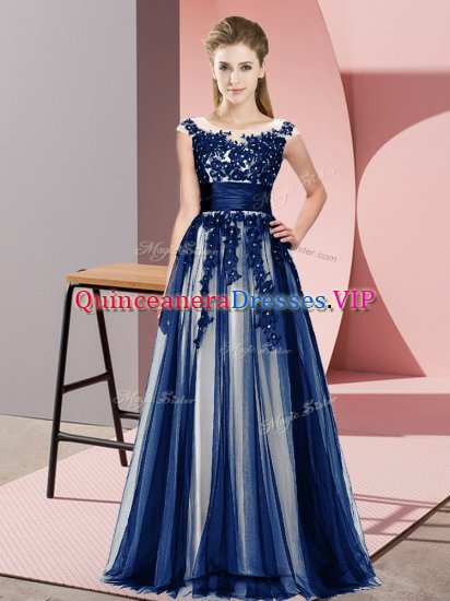 Scoop Sleeveless Vestidos de Damas Floor Length Beading and Lace Navy Blue Tulle - Click Image to Close