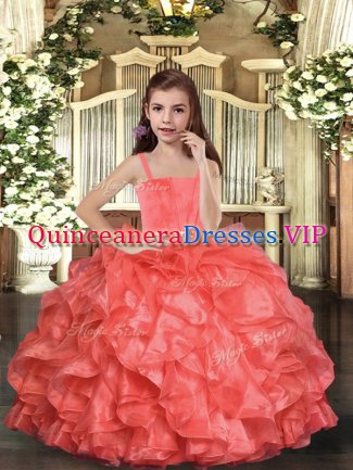 Coral Red Sleeveless Ruffles Floor Length Pageant Gowns For Girls