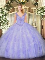 Lavender Lace Up V-neck Beading and Ruffles Sweet 16 Quinceanera Dress Organza Sleeveless