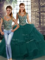Noble Straps Sleeveless Quinceanera Dresses Floor Length Beading and Ruffles Peacock Green Tulle(SKU SJQDDT2133009BIZ)