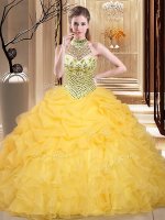 Halter Top Floor Length Yellow Quinceanera Dress Organza Sleeveless Beading and Ruffles and Pick Ups