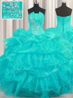Customized Pick Ups Ruffled Floor Length Aqua Blue Quince Ball Gowns Strapless Sleeveless Lace Up