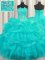 Customized Pick Ups Ruffled Floor Length Aqua Blue Quince Ball Gowns Strapless Sleeveless Lace Up