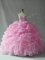 Baby Pink Ball Gowns Organza Strapless Sleeveless Beading and Ruffles and Pick Ups Lace Up Quinceanera Gown Brush Train