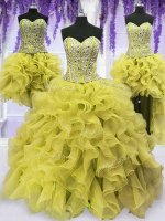 Four Piece Light Yellow Quinceanera Gown Military Ball and Sweet 16 and Quinceanera with Beading and Ruffles Sweetheart Sleeveless Lace Up(SKU PSSW059KC003-14BIZ)