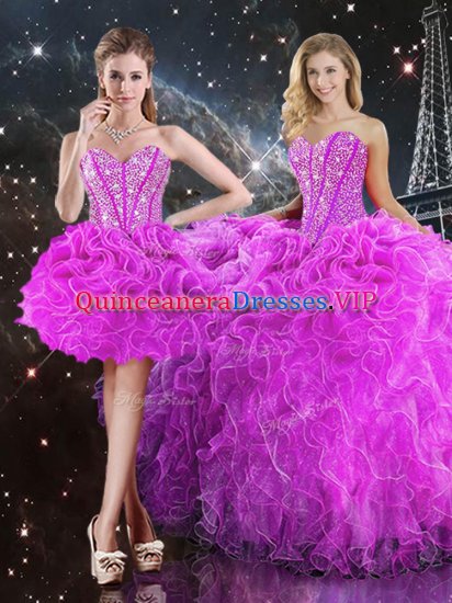 Sleeveless Floor Length Beading and Ruffles Lace Up Sweet 16 Dresses with Fuchsia - Click Image to Close