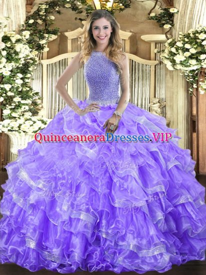 High-neck Sleeveless Organza Sweet 16 Quinceanera Dress Beading and Ruffled Layers Lace Up - Click Image to Close
