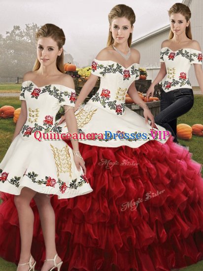 Free and Easy Wine Red Organza Lace Up Off The Shoulder Sleeveless Floor Length Quinceanera Dresses Embroidery and Ruffled Layers - Click Image to Close