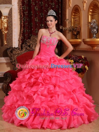 Whitefish Montana/MT Exquisite Watermelon Red Ruffles Appliques With Beading Ruching Bodice Ball Gown Quinceanera Dress For - Click Image to Close
