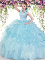 Most Popular Ruffled Floor Length Baby Blue Quinceanera Dress High-neck Sleeveless Backless