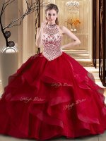 Great Wine Red Tulle Lace Up Halter Top Sleeveless With Train Quinceanera Dresses Brush Train Beading and Ruffles