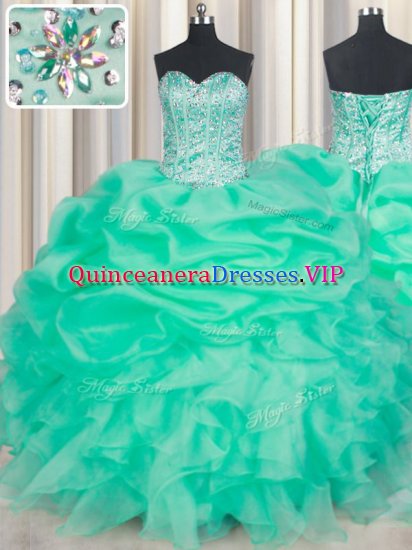 Pretty Sweetheart Sleeveless Ball Gown Prom Dress Floor Length Beading and Ruffles and Pick Ups Apple Green Organza - Click Image to Close