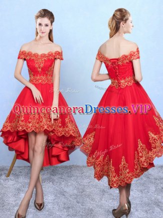 Graceful Appliques Dama Dress for Quinceanera Wine Red Lace Up Sleeveless High Low