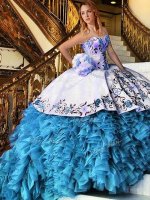 Stylish Sleeveless Floor Length Appliques and Embroidery and Ruffles Lace Up Quinceanera Gowns with Baby Blue