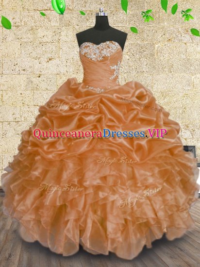 Hot Sale Beading and Appliques and Ruffles and Sequins Quince Ball Gowns Orange Lace Up Sleeveless Floor Length - Click Image to Close
