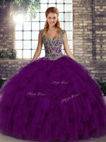 Purple Organza Lace Up Straps Sleeveless Floor Length Quinceanera Dress Beading and Ruffles