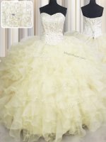 Beautiful Light Yellow Sweetheart Lace Up Beading and Ruffles Vestidos de Quinceanera Sleeveless