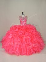 High Quality Pink Lace Up Scoop Beading and Ruffles 15 Quinceanera Dress Organza Sleeveless