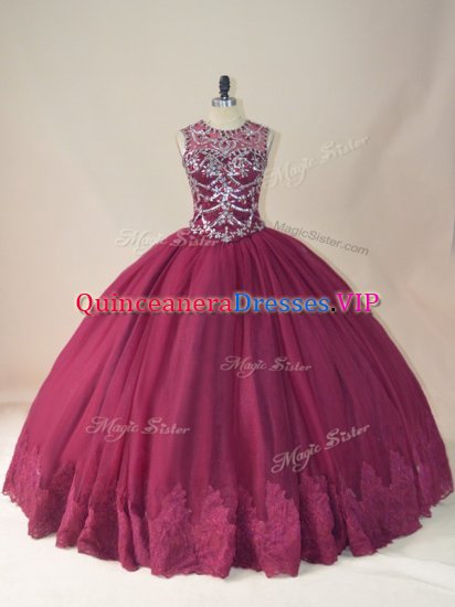 Top Selling Floor Length Burgundy Sweet 16 Dress Tulle Long Sleeves Beading and Appliques - Click Image to Close