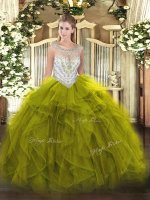 Fitting Tulle Scoop Sleeveless Zipper Beading and Ruffles Ball Gown Prom Dress in Olive Green