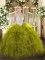 Fitting Tulle Scoop Sleeveless Zipper Beading and Ruffles Ball Gown Prom Dress in Olive Green
