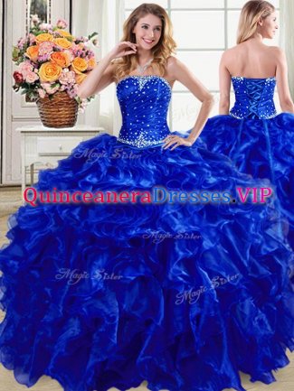 Royal Blue Organza Lace Up Quinceanera Gowns Sleeveless Floor Length Beading and Ruffles