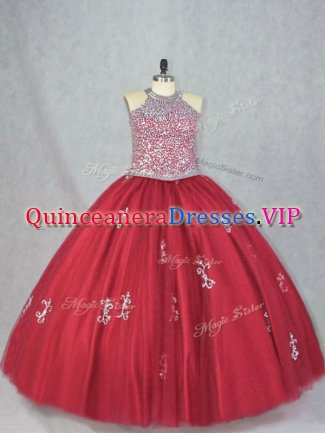 Wonderful Ball Gowns 15th Birthday Dress Red Halter Top Tulle Sleeveless Floor Length Lace Up
