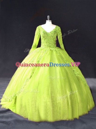 Stylish Yellow Green Long Sleeves Floor Length Lace and Appliques Lace Up Sweet 16 Dresses - Click Image to Close