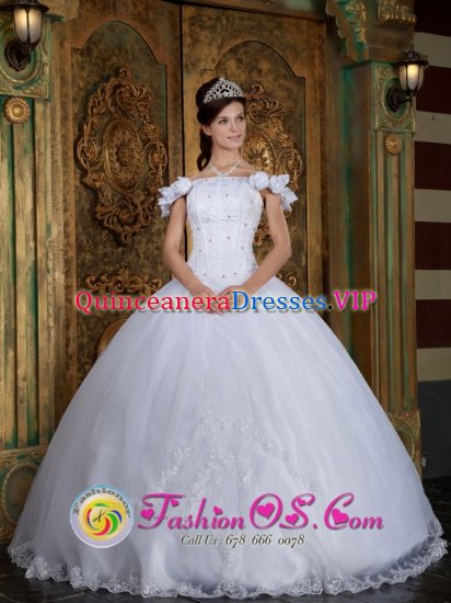 Avon Colorado/CO Custom Made Off The Shoulder For Quinceanera Dress With Lace Appliques and Hand Made Flower Decorate - Click Image to Close