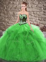 Sleeveless Tulle Floor Length Lace Up Sweet 16 Dress in Green with Beading and Embroidery