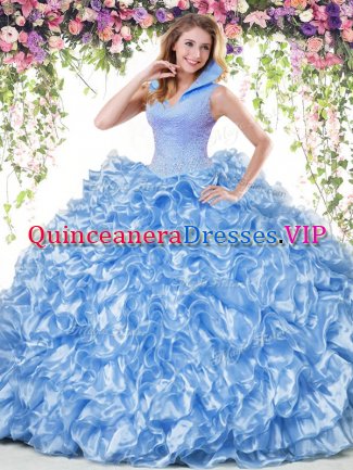 Ideal Beading and Ruffles Sweet 16 Quinceanera Dress Blue Backless Sleeveless Floor Length