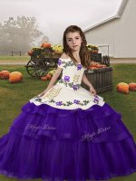 Straps Sleeveless Pageant Gowns Floor Length Embroidery and Ruffled Layers Purple Tulle