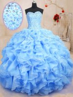 Blue Sleeveless Organza Lace Up Quinceanera Gowns for Military Ball and Sweet 16 and Quinceanera