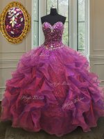 Sweet Sleeveless Organza and Sequined Floor Length Lace Up 15th Birthday Dress in Purple with Beading and Ruffles