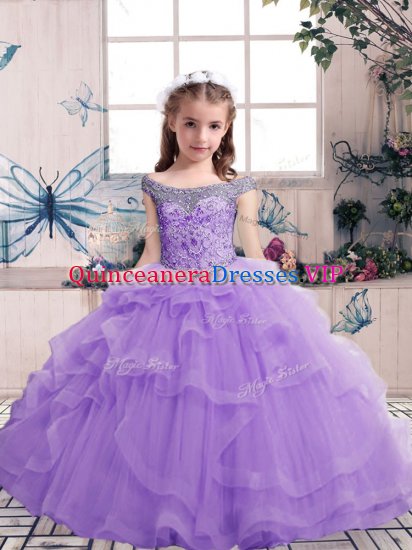 Lavender Tulle Lace Up Girls Pageant Dresses Sleeveless Floor Length Beading and Ruffles - Click Image to Close
