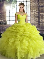 Yellow Green Lace Up Off The Shoulder Beading and Ruffles and Pick Ups Ball Gown Prom Dress Organza Sleeveless