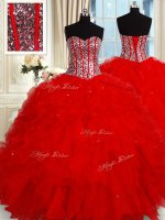 Red Lace Up Quinceanera Dresses Ruffles and Sequins Sleeveless Floor Length