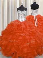 Red Organza Lace Up 15th Birthday Dress Sleeveless Floor Length Beading and Ruffles